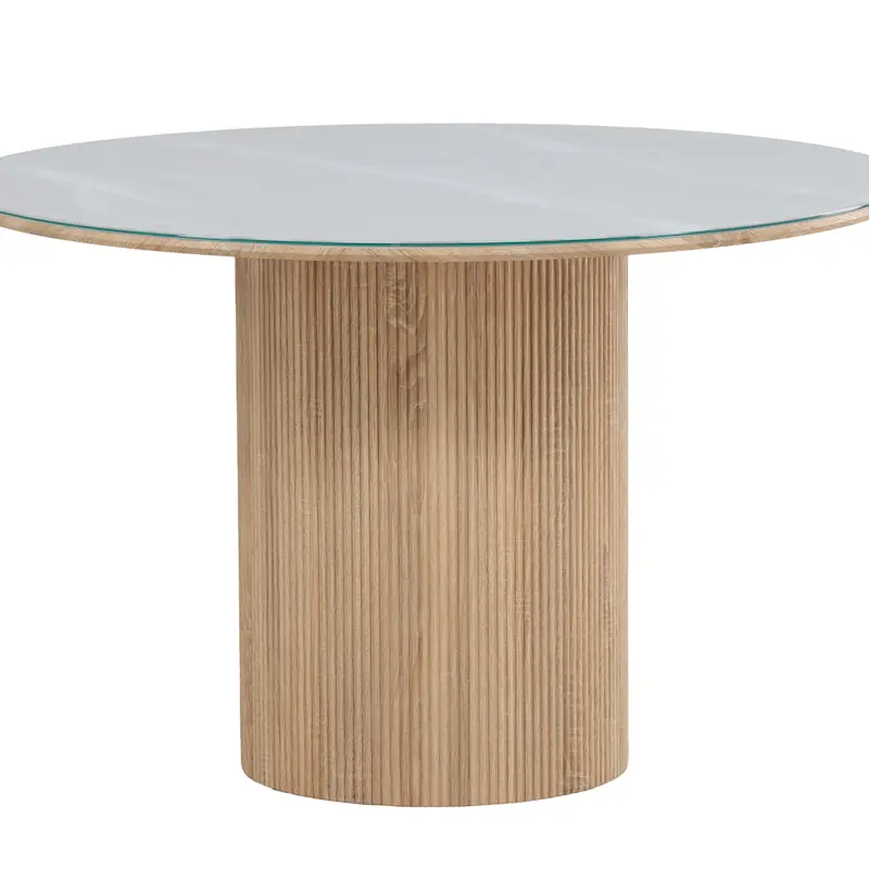 Table à manger ronde en verre Härön vue de face, pied cannelé bois clair