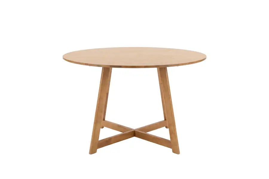 Plateau rond de 120 cm sur pieds évasés en bois clair, vue de face