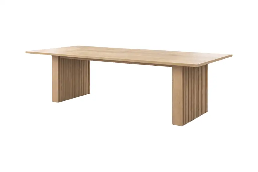 Table à manger extensible Humle en hévéa, plateau clair sur deux pieds à lames verticales
