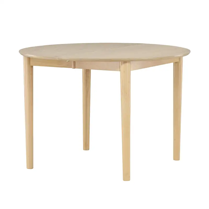 Table ronde de 110 cm vue de trois quarts, pieds en hévéa fuselés