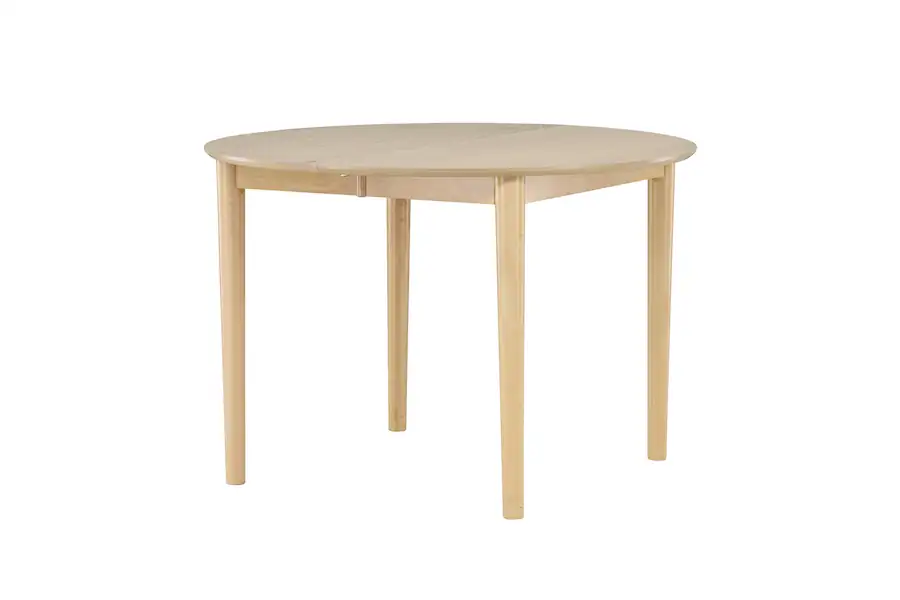 Table ronde de 110 cm vue de trois quarts, pieds en hévéa fuselés