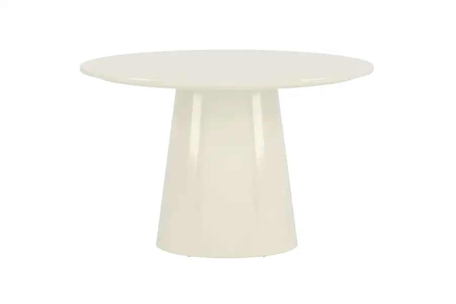 Table à manger ronde laquée beige brillant sur pied conique, vue de face
