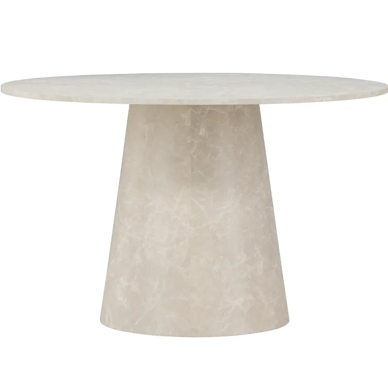 Table à manger ronde aspect marbré beige sur pied conique, vue de face