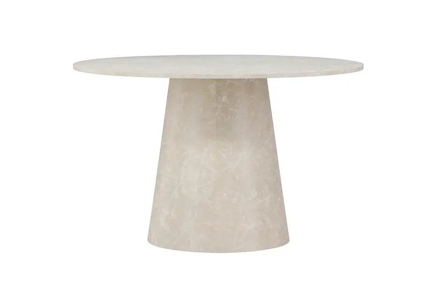 Table à manger ronde aspect marbré beige sur pied conique, vue de face
