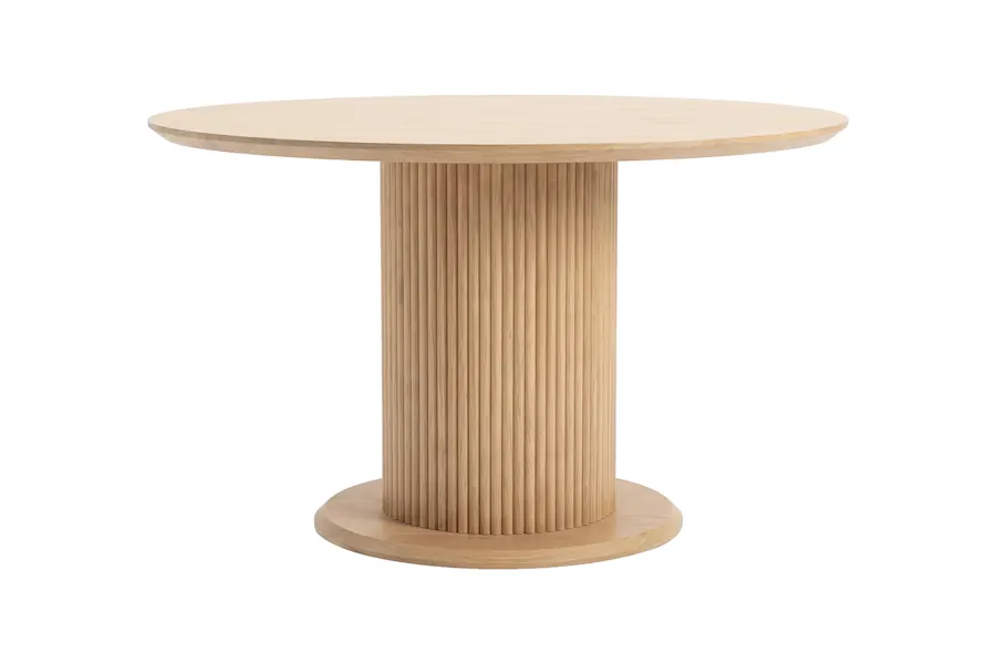 Table à manger ronde à pied central cannelé, vue de face sur fond blanc