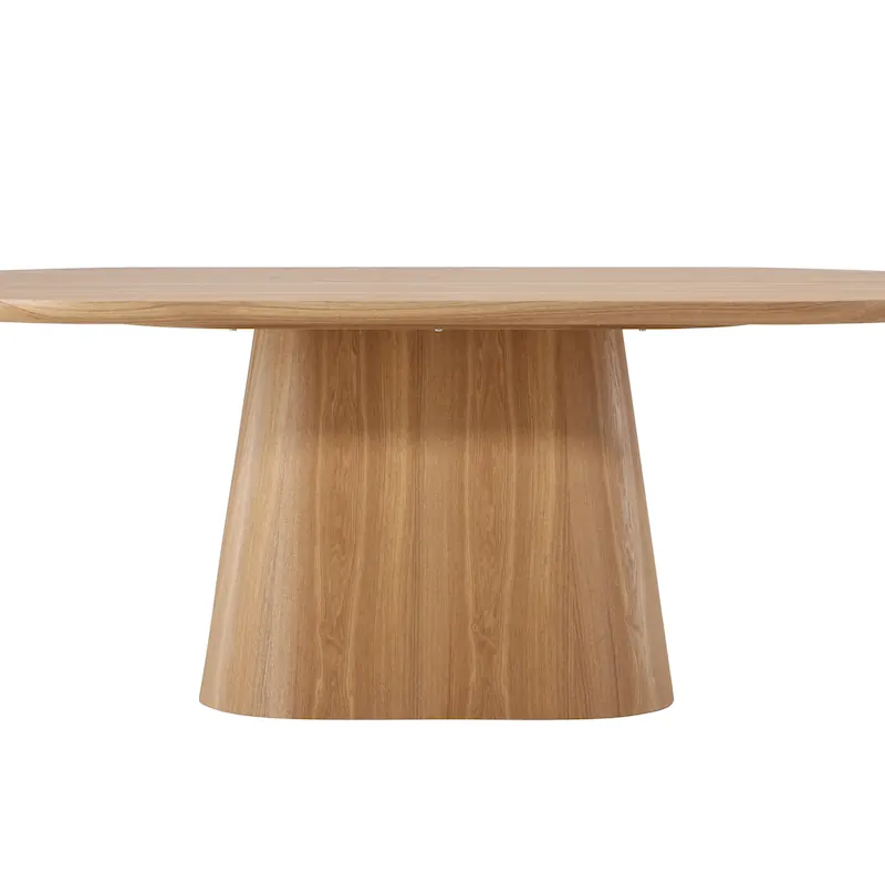 Table ovale en bois clair sur un pied central conique, vue de face sur fond blanc