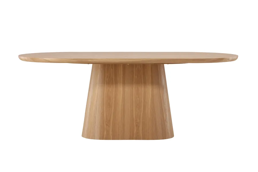Table ovale en bois clair sur un pied central conique, vue de face sur fond blanc
