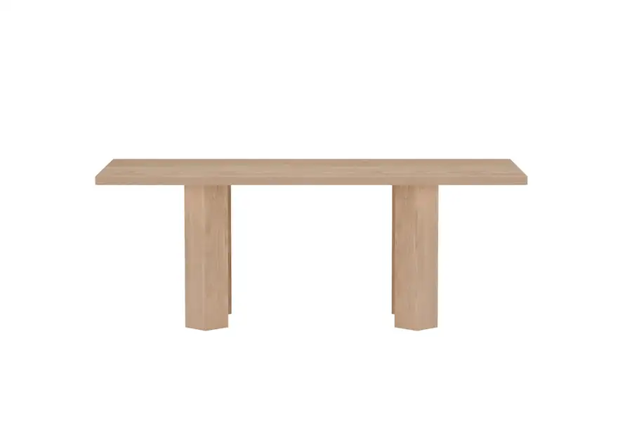 Table à manger rectangulaire aspect bois clair, vue de face, 200 cm