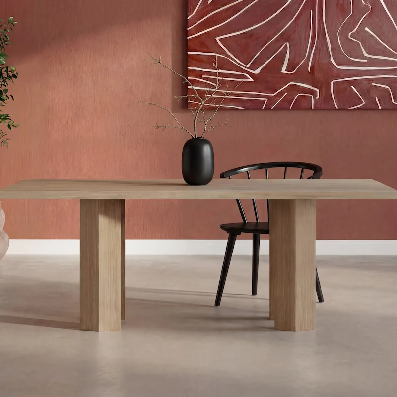 Table à manger rectangulaire aspect bois clair, vue de face, 200 cm