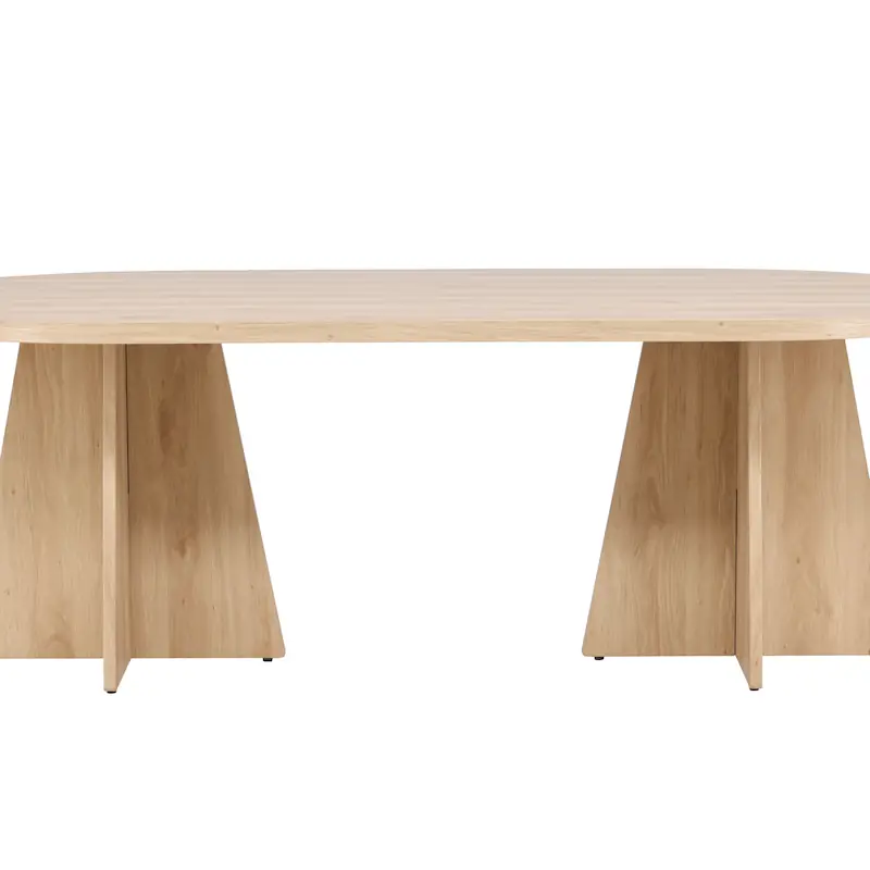 Table à manger ovale Bootcut bois clair vue de face, sur deux pieds en croix