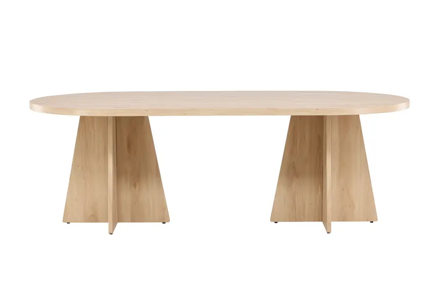 Table à manger ovale Bootcut bois clair vue de face, sur deux pieds en croix