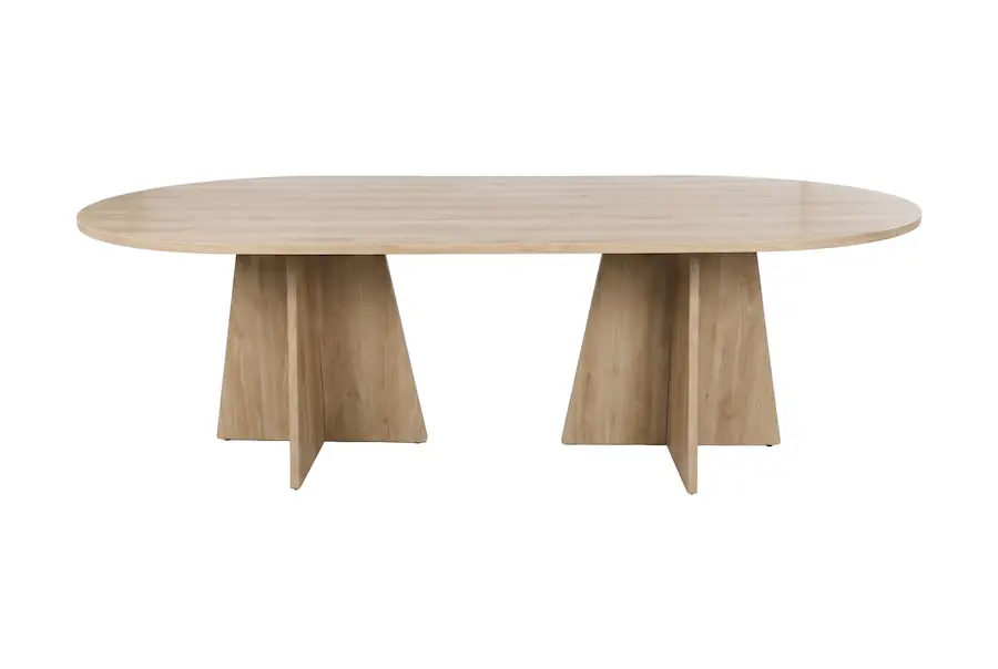 Table à manger ovale Bootcut à plateau fin, vue de face, deux pieds en croix