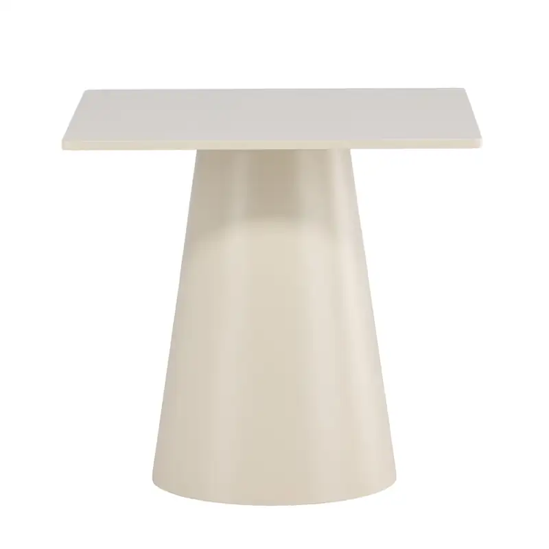 Table à manger carrée beige sur pied central conique, vue de face