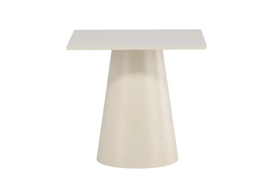Table à manger carrée beige sur pied central conique, vue de face