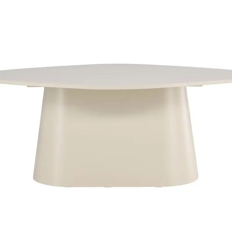 Table à manger ovale crème de face, plateau arrondi sur un pied central