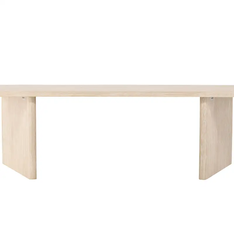Table à manger beige à deux pieds en panneaux, vue de face sur fond blanc