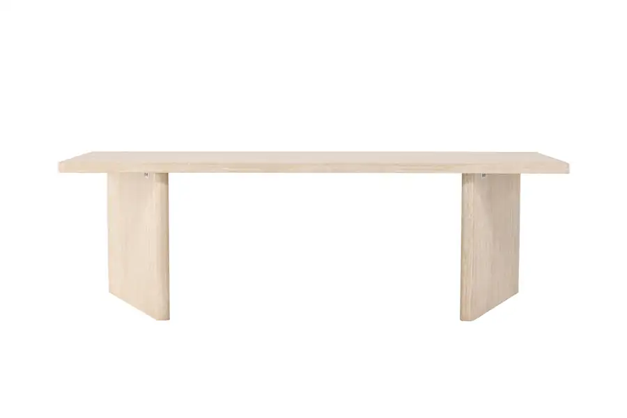 Table à manger beige à deux pieds en panneaux, vue de face sur fond blanc