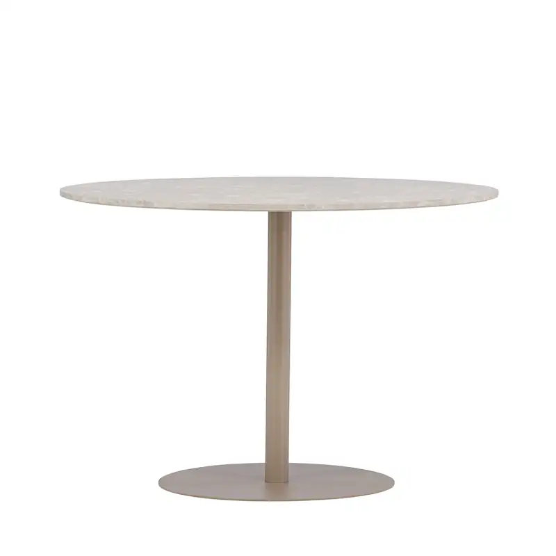 Table à manger ronde Lycke beige vue de face, plateau rond sur pied central et disque