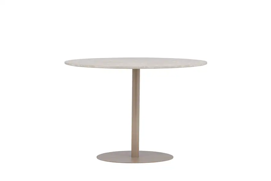 Table à manger ronde Lycke beige vue de face, plateau rond sur pied central et disque
