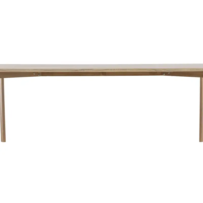 Table à manger rectangulaire Damon de face, plateau effet bois clair et quatre pieds fins en métal