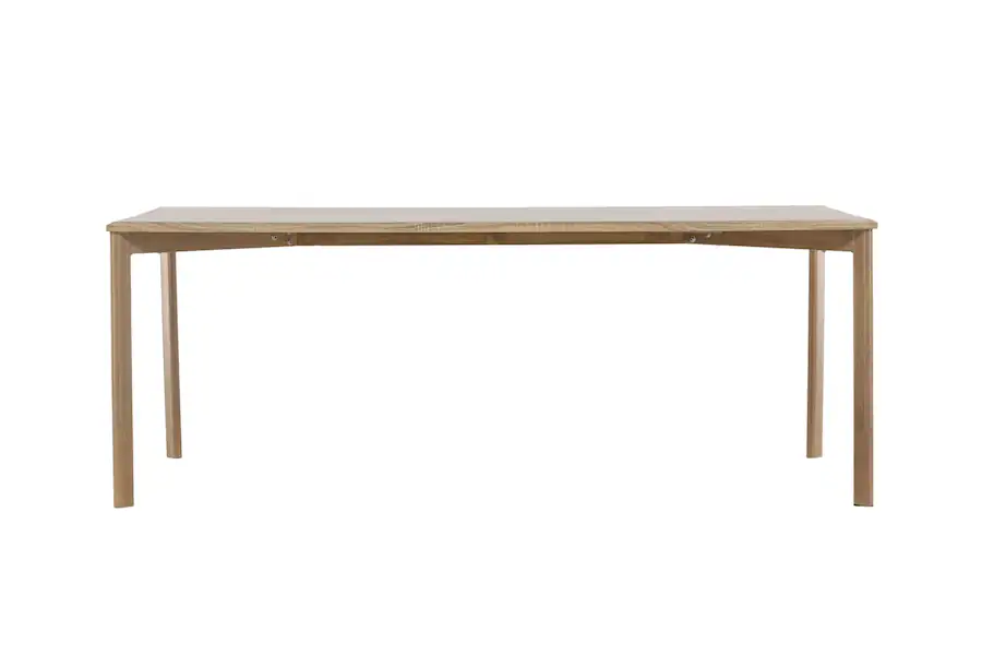 Table à manger rectangulaire Damon de face, plateau effet bois clair et quatre pieds fins en métal