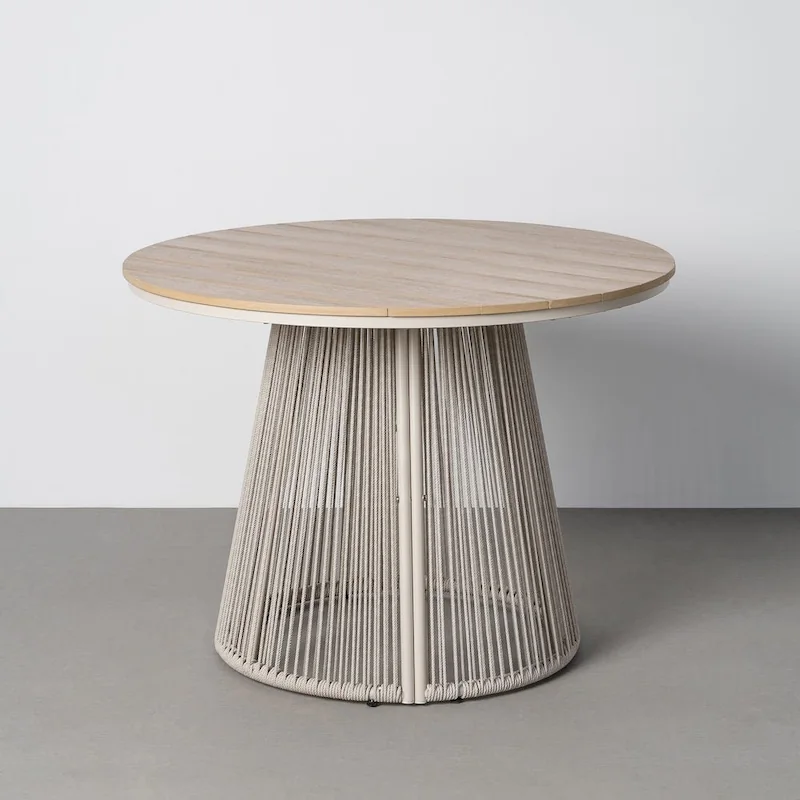Table à manger de jardin ronde Ixia, plateau à lames d'aspect bois et pied central évasé en cordage