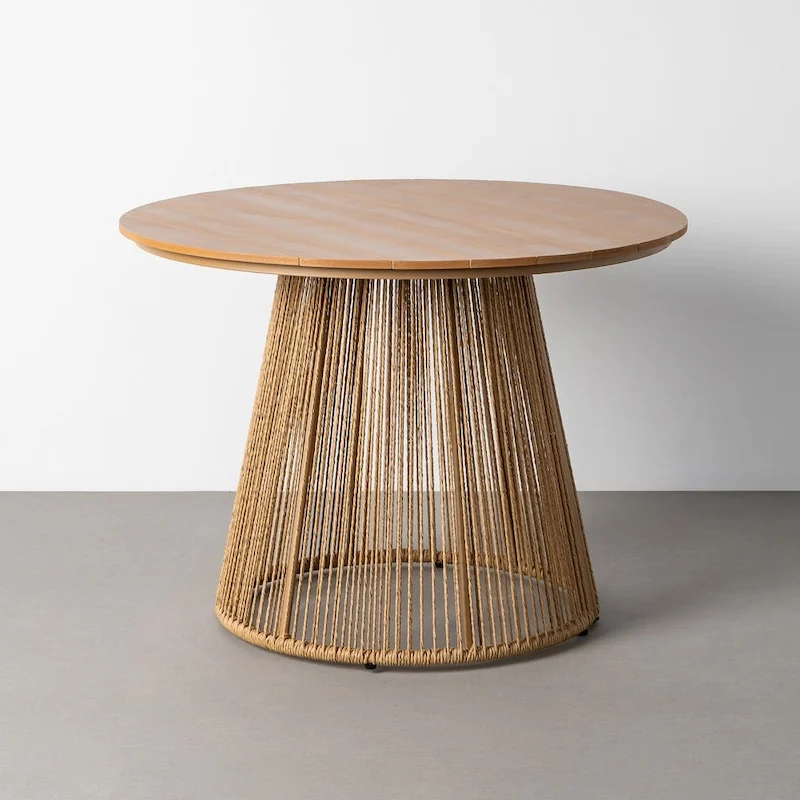 Table de jardin ronde à plateau en polywood sur piétement conique en rotin synthétique