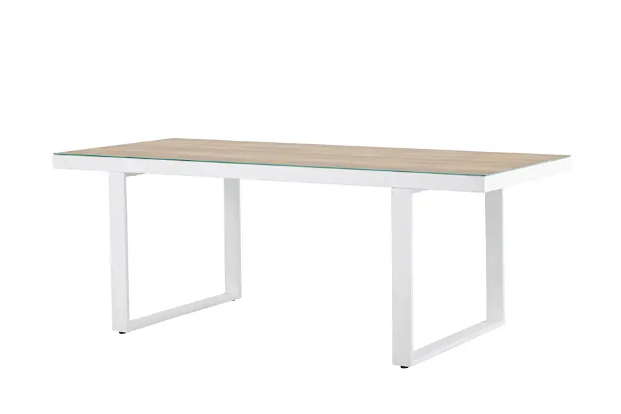 Table de jardin 6 personnes Merlo blanche, plateau en verre à décor bois clair, vue de trois quarts