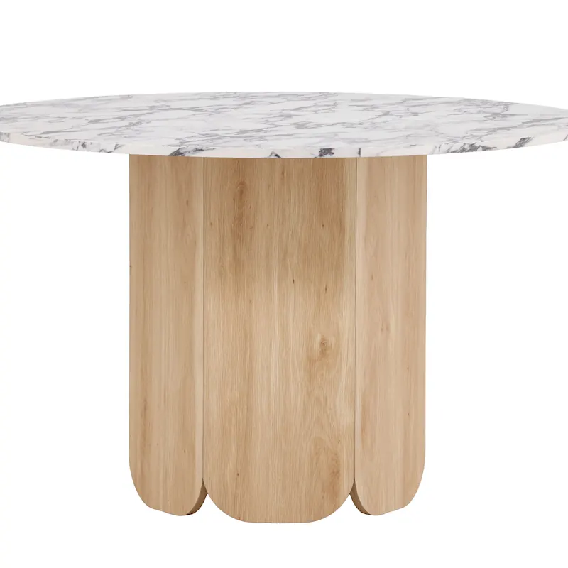Table à manger Tekla ronde, plateau aspect marbre blanc et pied central bois clair