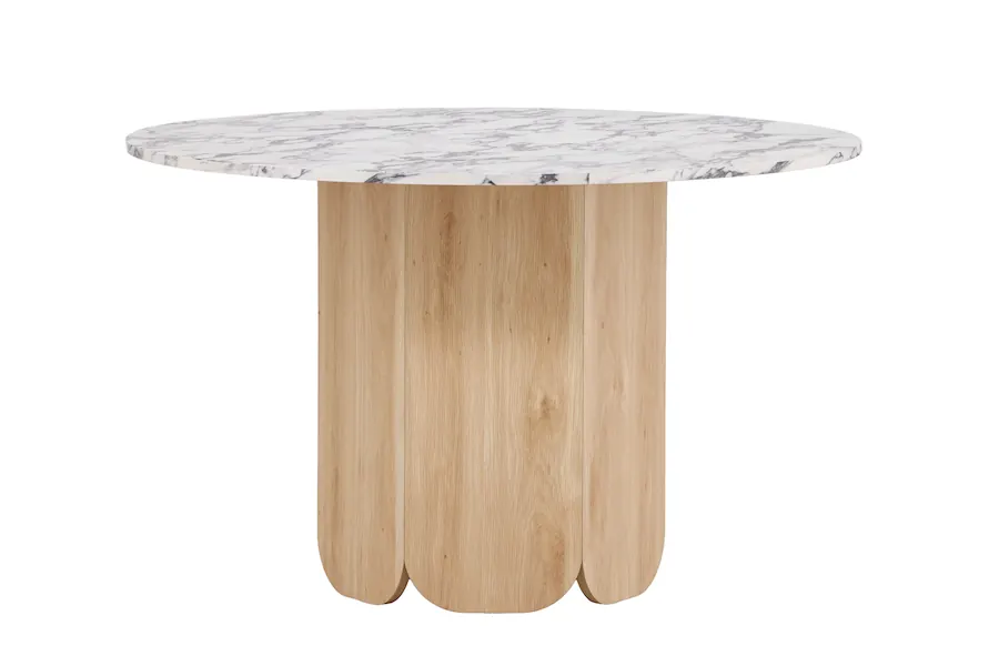 Table à manger Tekla ronde, plateau aspect marbre blanc et pied central bois clair
