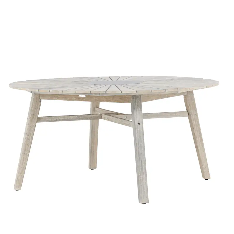 Table ronde Rives de trois quarts : quatre pieds évasés et traverses en croix