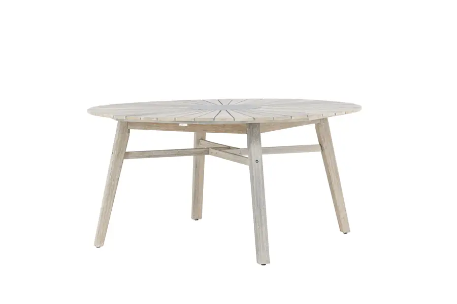 Table ronde Rives de trois quarts : quatre pieds évasés et traverses en croix