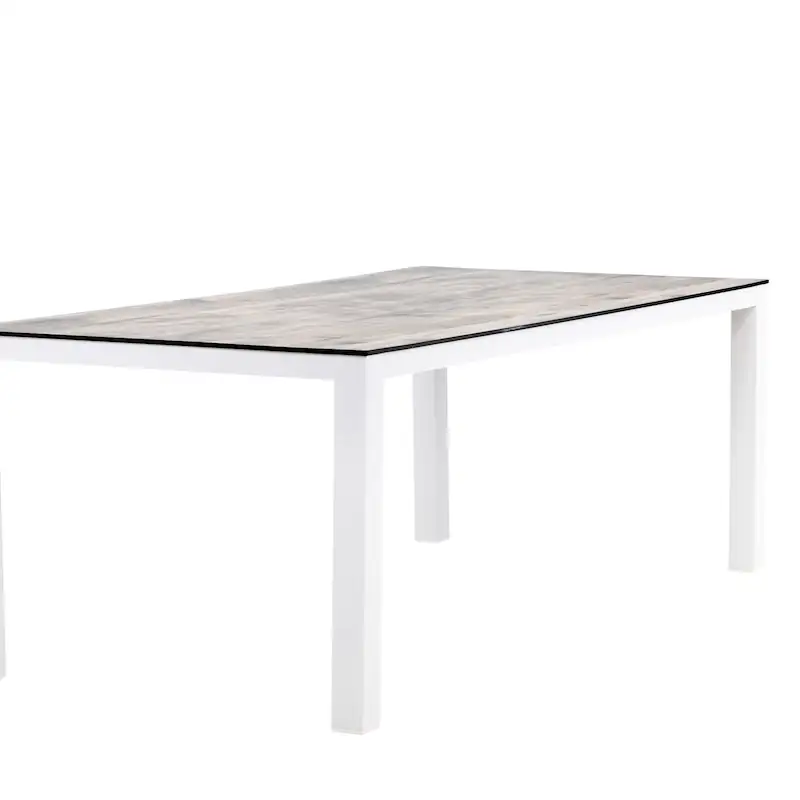 Table de jardin rectangulaire Llama, plateau HPL gris clair nuancé à chant noir et piétement blanc