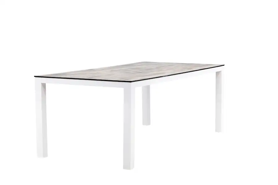 Table de jardin rectangulaire Llama, plateau HPL gris clair nuancé à chant noir et piétement blanc