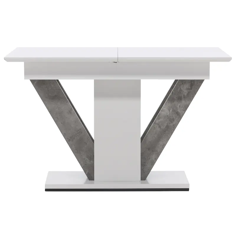 Table à manger extensible blanche de face, colonne centrale et pieds en V gris