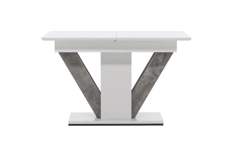 Table à manger extensible blanche de face, colonne centrale et pieds en V gris