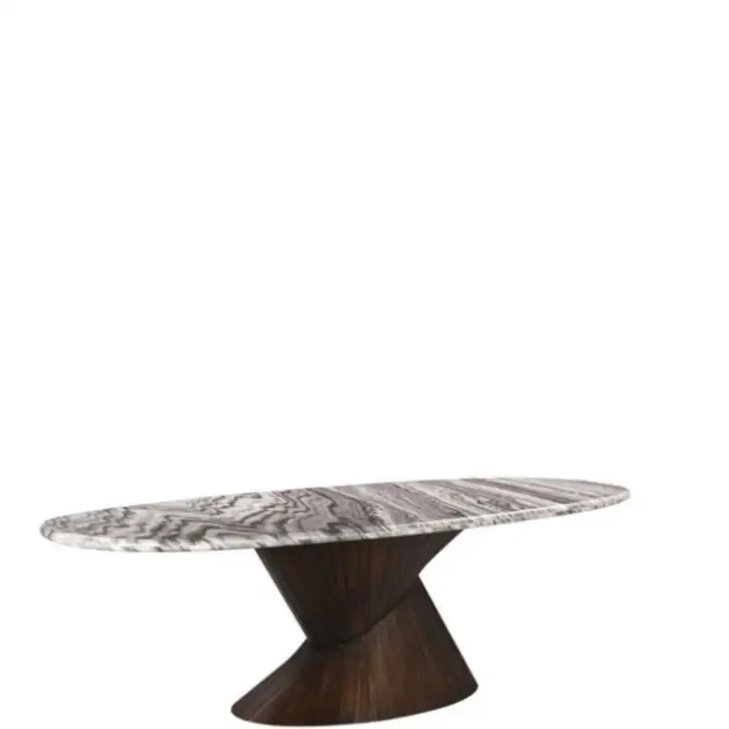 Table à manger Cassandre, plateau ovale en marbre veiné sur pied central en bois