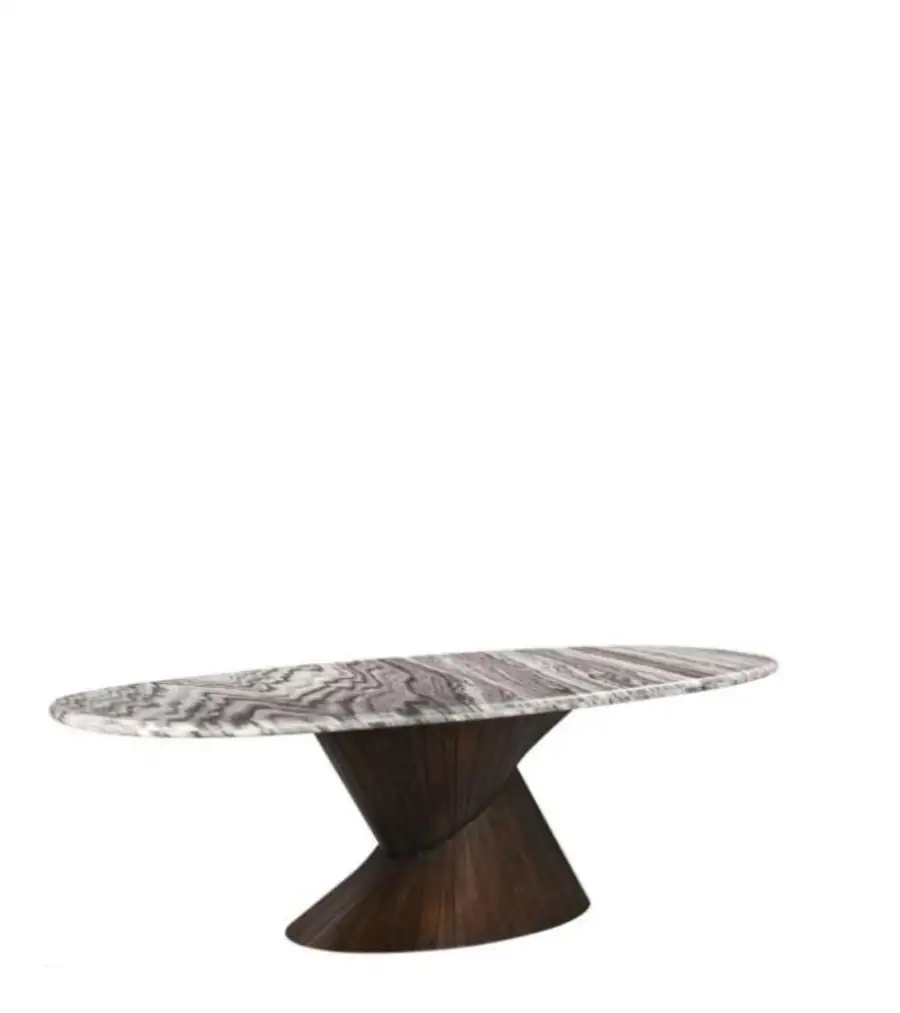 Table à manger Cassandre, plateau ovale en marbre veiné sur pied central en bois