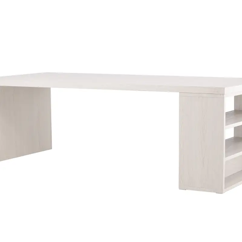 Table à manger Mika en trois quarts, plateau en MDF blanchi sur pied panneau et bloc d'étagères
