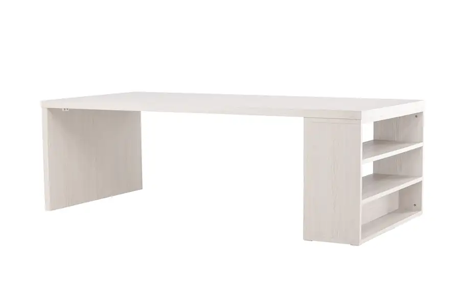 Table à manger Mika en trois quarts, plateau en MDF blanchi sur pied panneau et bloc d'étagères