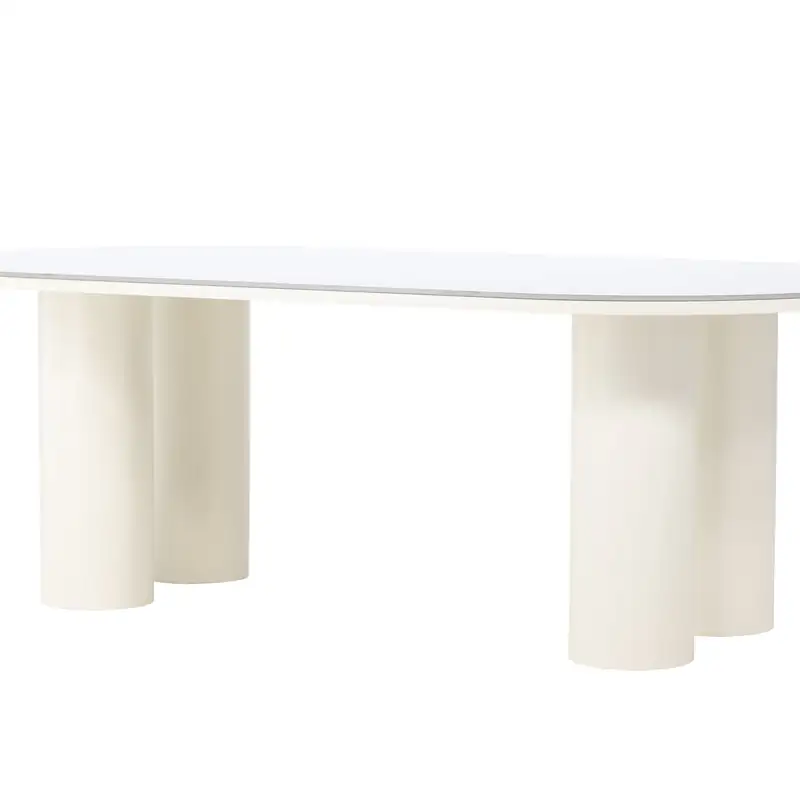 Trois-quarts de la table : plateau à bord incurvé sur quatre pieds cylindriques écrus