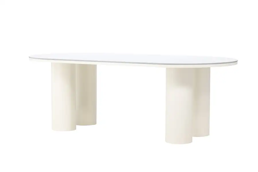 Trois-quarts de la table : plateau à bord incurvé sur quatre pieds cylindriques écrus
