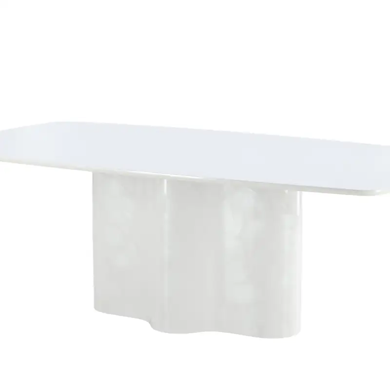 Plateau blanc de 220 cm aux longs côtés galbés et pied unique aux courbes souples