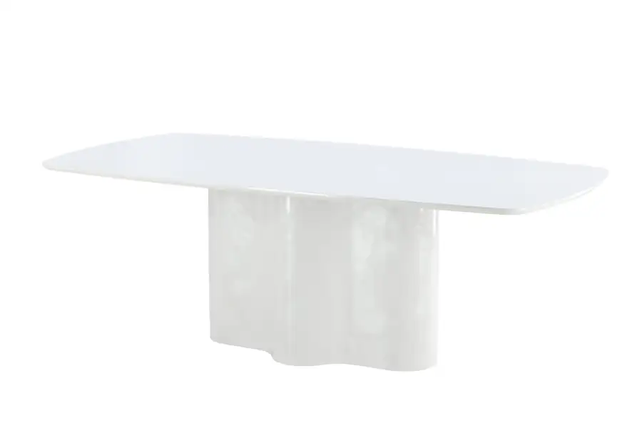 Plateau blanc de 220 cm aux longs côtés galbés et pied unique aux courbes souples