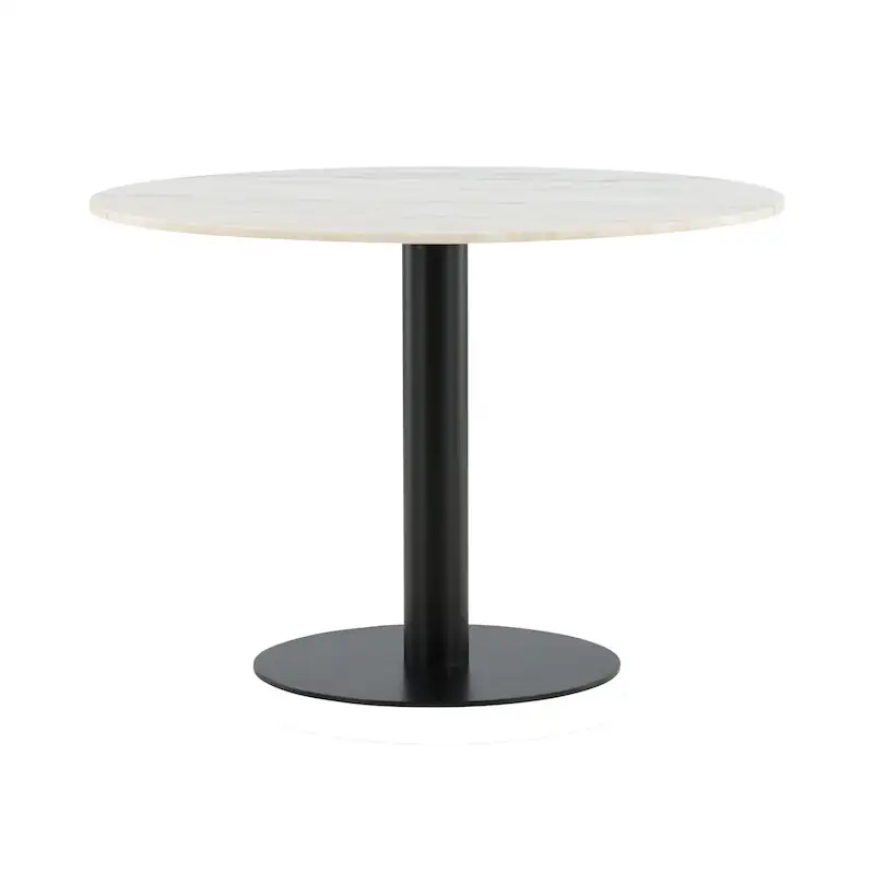 Table à manger ronde Estelle au plateau en marbre blanc, pied central noir et socle rond