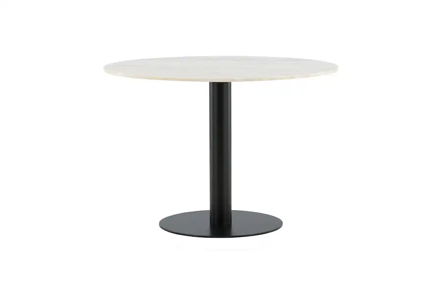 Table à manger ronde Estelle au plateau en marbre blanc, pied central noir et socle rond
