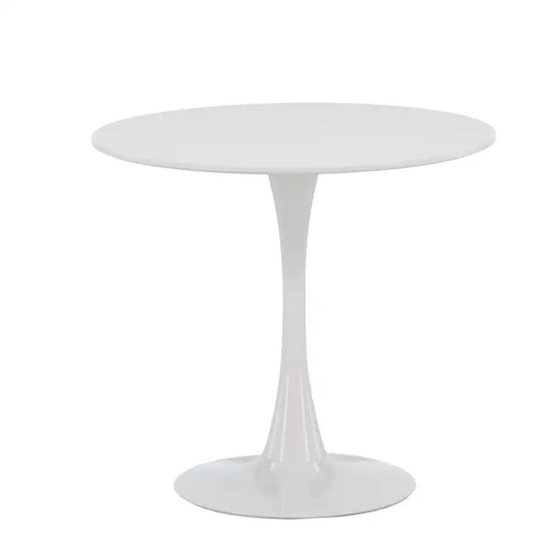 Table à manger ronde Hamden blanche de 80 cm, pied central évasé et socle rond