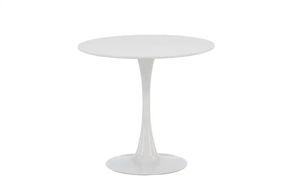 Table à manger ronde Hamden blanche de 80 cm, pied central évasé et socle rond