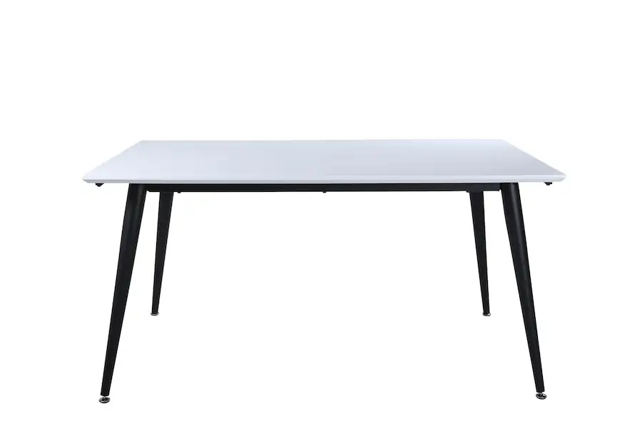 Table à manger extensible Jimmy blanche vue de face, plateau blanc et pieds noirs