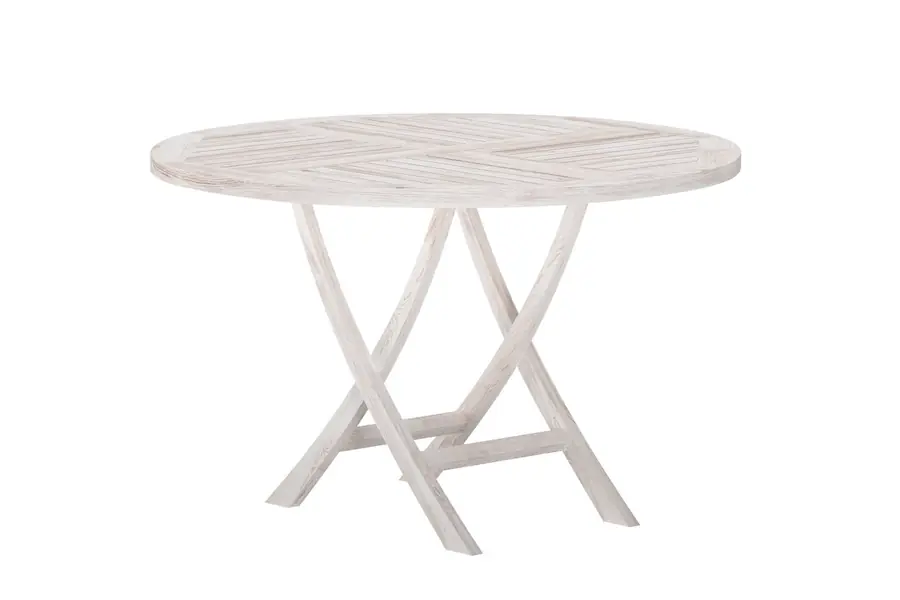 Table de jardin ronde en teck Kenya à pieds croisés, 120 cm Bois blanchi